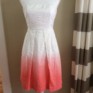 J Crew Dress Red Orange White Embossed Cotton Dip Dye Strapless 15200 Size 2